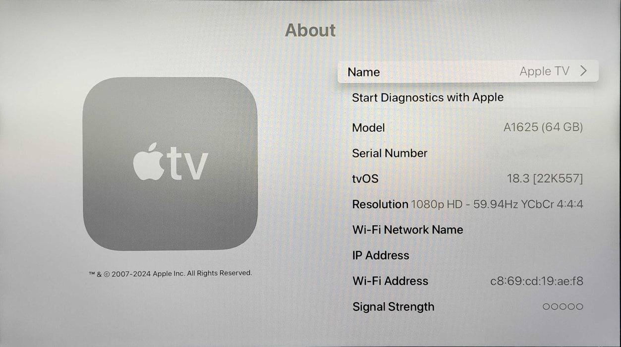 Apple TV (4th Generation) 64GB HD Media Streamer A1625, No Remote