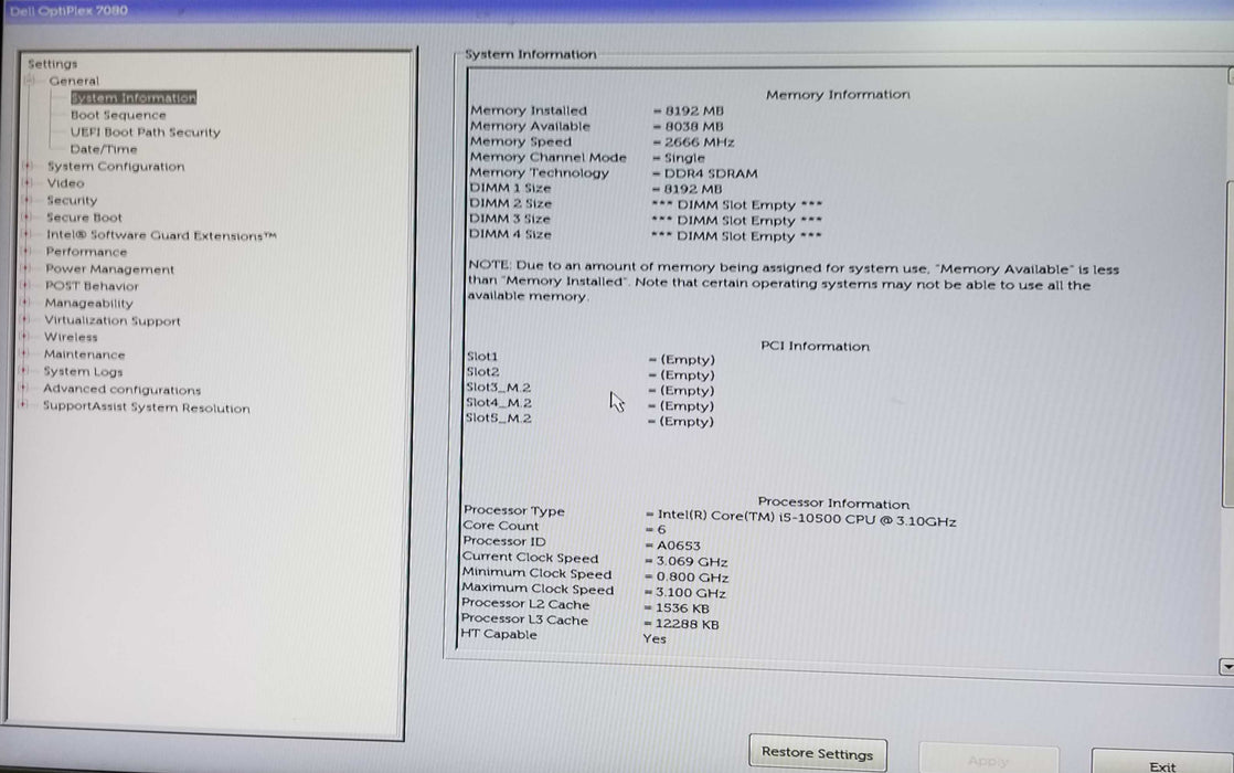 Dell OptiPlex 7080 SFF Intel i5-10500 CPU 3.10GHz 8GB RAM No HDD Q