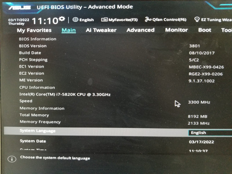 ASUS X99-A Motherboard w/ i7-5820K@3.3GHz, 8GB RAM
