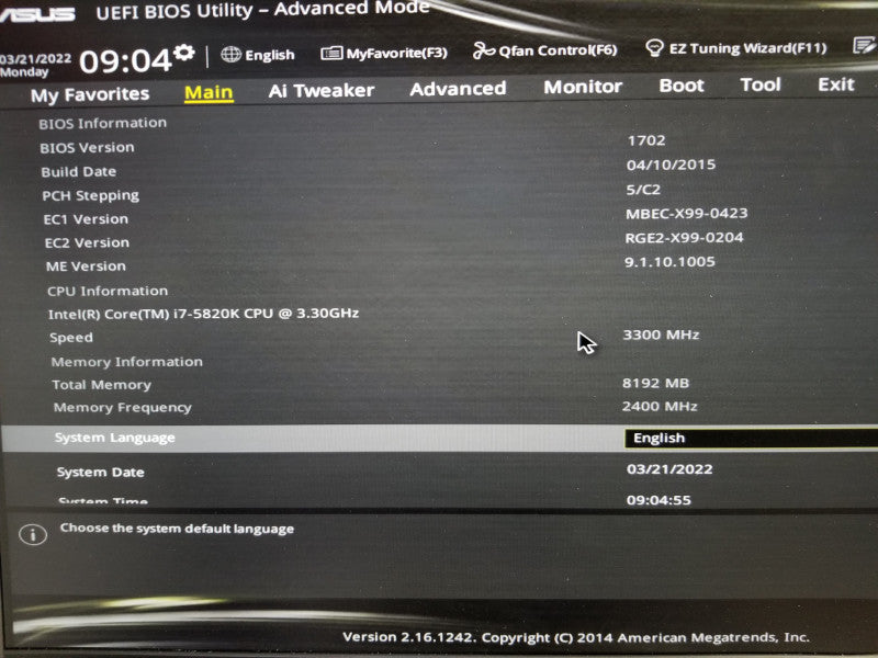 ASUS X99-A Motherboard w/ i7-5820K@3.3GHz, 8GB RAM