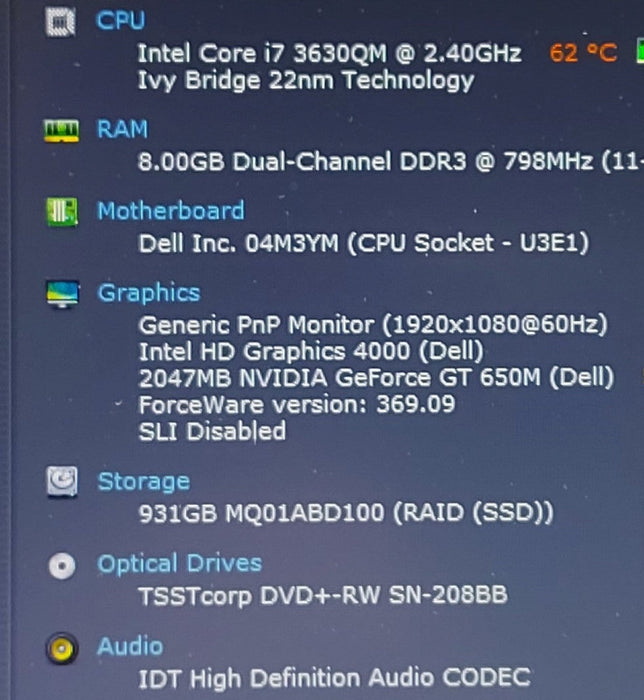 Dell Inspiron 7720 i7-3630QM 2.4GHz 8GB RAM 500GB HDD with SSD Cache 17.3\\"