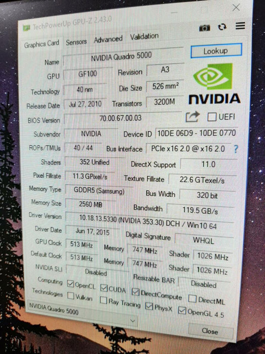 Dell NVIDIA QUADRO 5000 PCIe 2.5GB GDDR5 Pro Video Graphics Card JFN25~