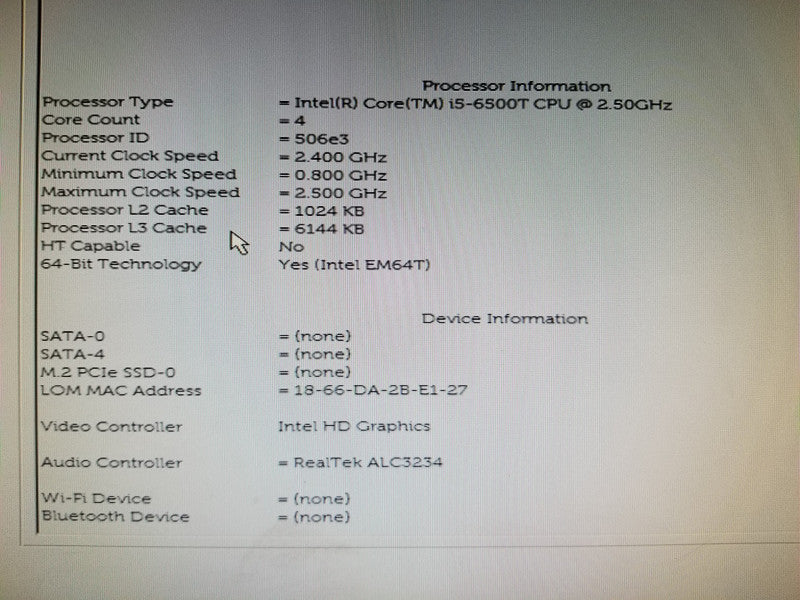 Dell OptiPlex 7040 D10U, i5-6500T@2.5GHz , 0GB No RAM, No HDDs