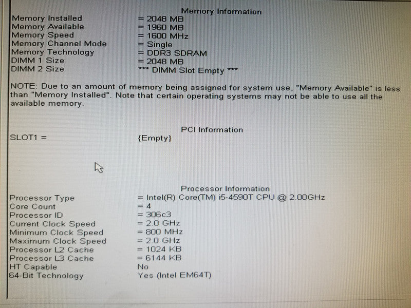 Dell OptiPlex 9020 D09U, i5-4590T@2GHz , 2GB RAM, No HDDs