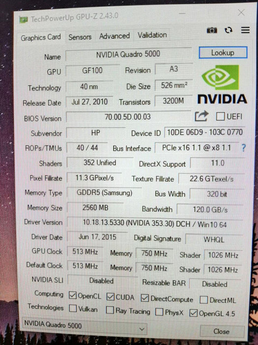 HP NVIDIA QUADRO 5000 PCI-E 2.5GB GDDR5 GPU *TESTED & Working~