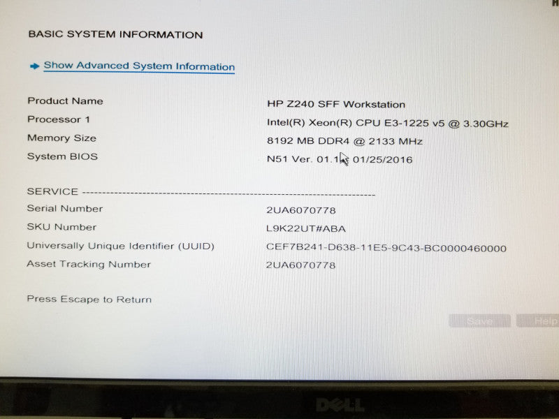 HP Z240 SFF Workstation Xeon E3-1225 v5 @ 3.30GHz 8GB RAM DDR4, NO HDD