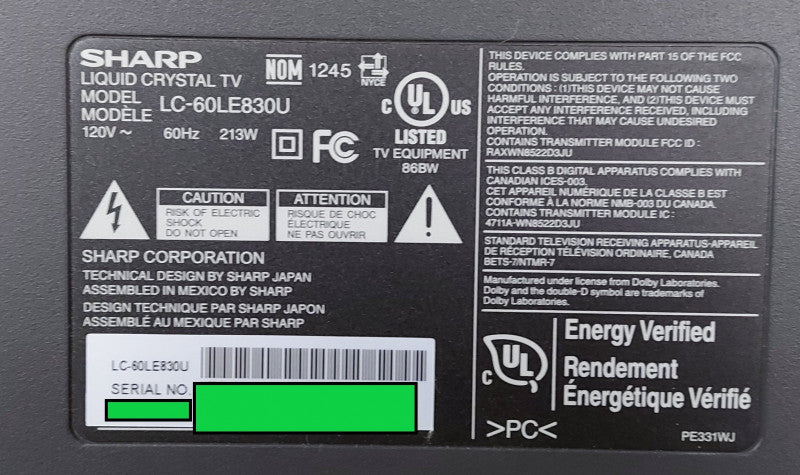 SHARP LC-60LE830U 60\\" LED TV 1080p (NO STAND)