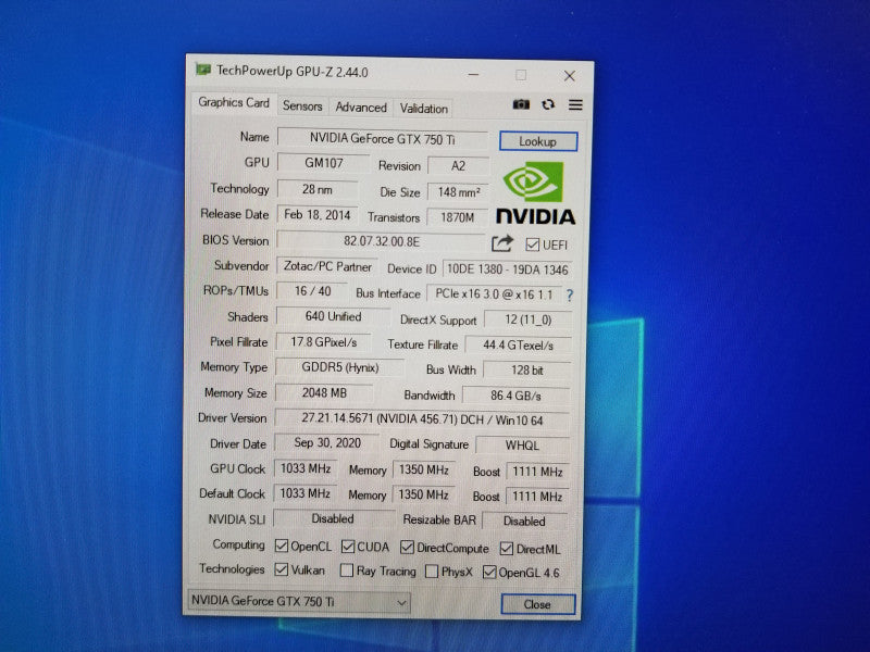 ZOTAC GTX750 Ti 2GB DDR5 Card Video Card used