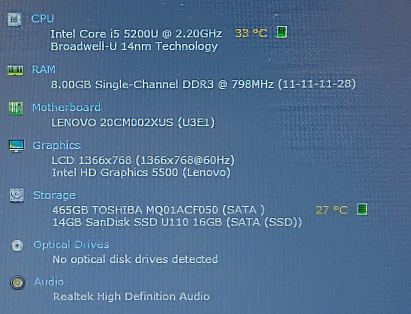 Lenovo ThinkPad X250 i5-5200U 2.2Ghz 8GB RAM 500GB SSD 14GB SSD (Cache) 12.5\\"