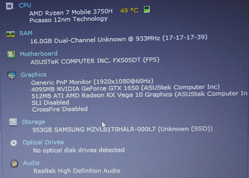 (FOR PARTS) ASUS TUF GAMING FX505DT AMD Ryzen 7 3750H 2.3GHz 16GB RAM 1TB SSD 15.6\\"