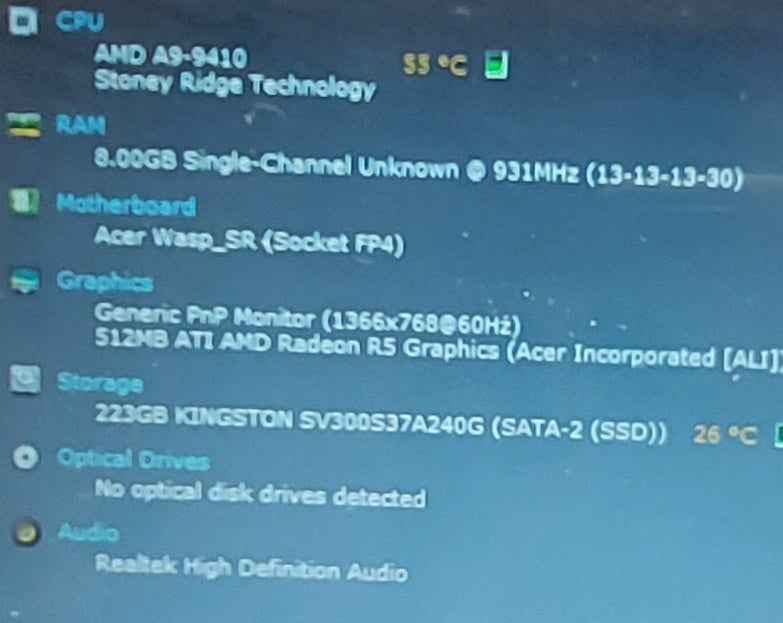 Acer Aspire E5-523 AMD A9-9410 2.9GHz 8GB RAM 240GB SSD 15\\"