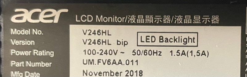Acer V246HL TN Panel 1080p LCD Monitor 24\\"