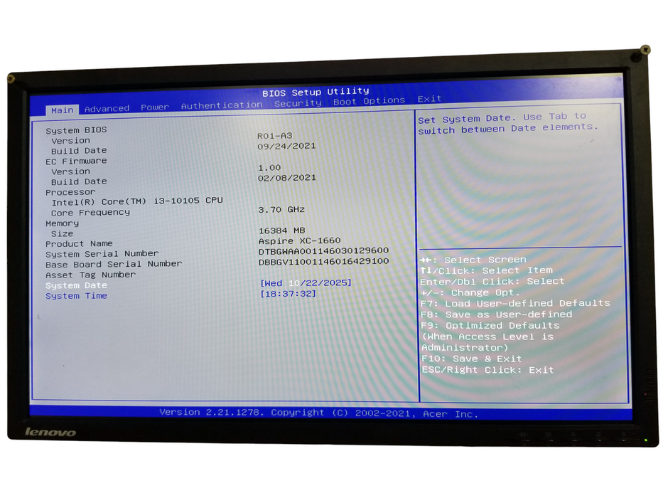 Acer Aspire XC-1660 D17E6 Intel i3-10105 @3.70Ghz 16GB DDR4 No HDD