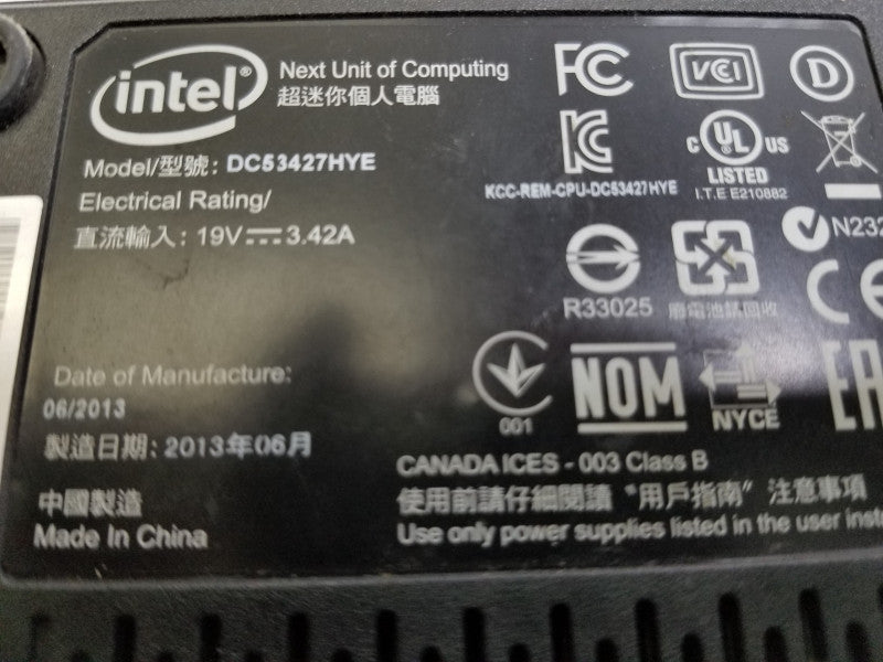 Intel NUC DC53427HYE Intel Core i5-3427U@1.80GHz, 4GB RAM, No HDD