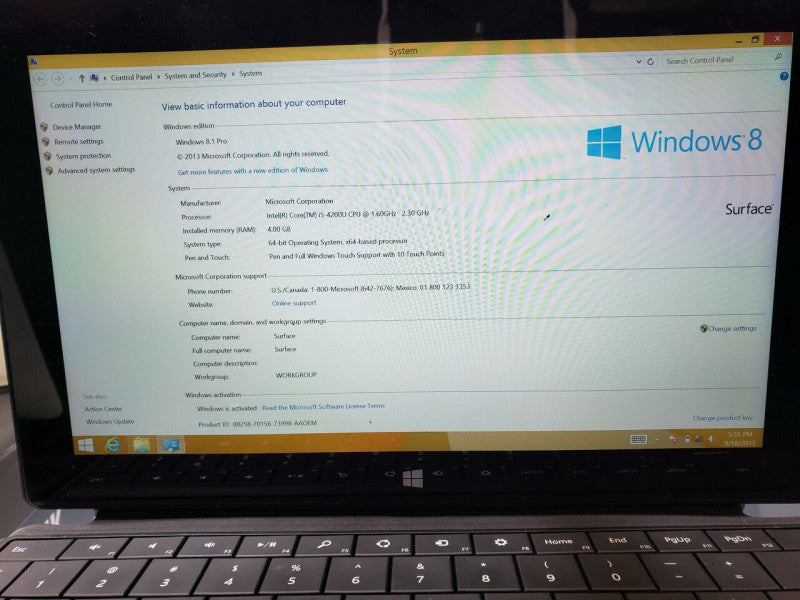Microsoft Surface Core I5-4200U 2.3GHz, 4GB RAM 64GB SSD_