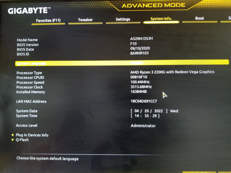 Gigabyte A520M DS3H Motherboard w/ AMD Ryzen 3 2200G, 16GB RAM