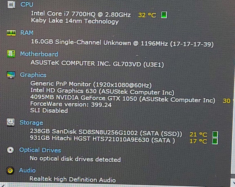 ASUS ROG GL703VD i7-7700HQ 2.8GHz 16GB RAM 256GB SSD 1TB HDD 17.3\\"
