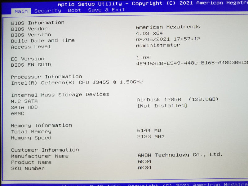 AWOW AK34, INTEL J3455@1.5GHz, 6GB RAM, No NHDDs