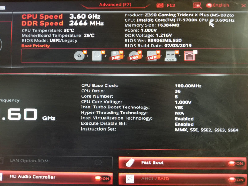 Z390 GAMING TRIDENT X PLUS MOTHERBOARD, I7-9700K@3.60GHz, 16GB RAM