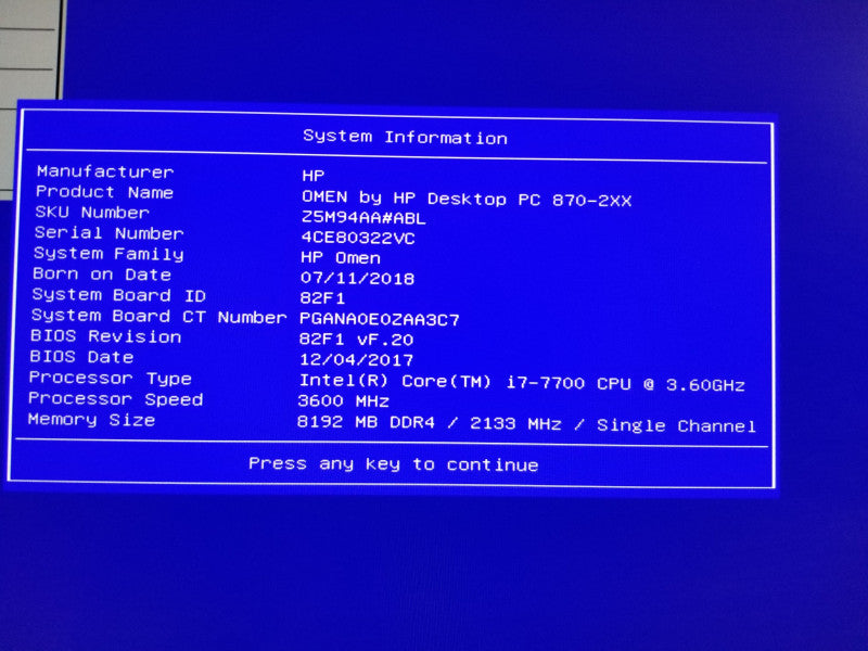 HP Motherboard IPM17-DD2, w/ i7-7700@3.6GHz, 8GB RAM