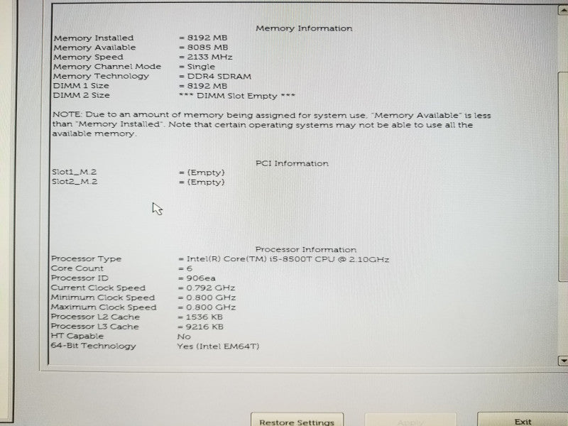 DELL OPTIPLEX 3060, i58500T@2.1GHz, 8GB RAM, No HDDs