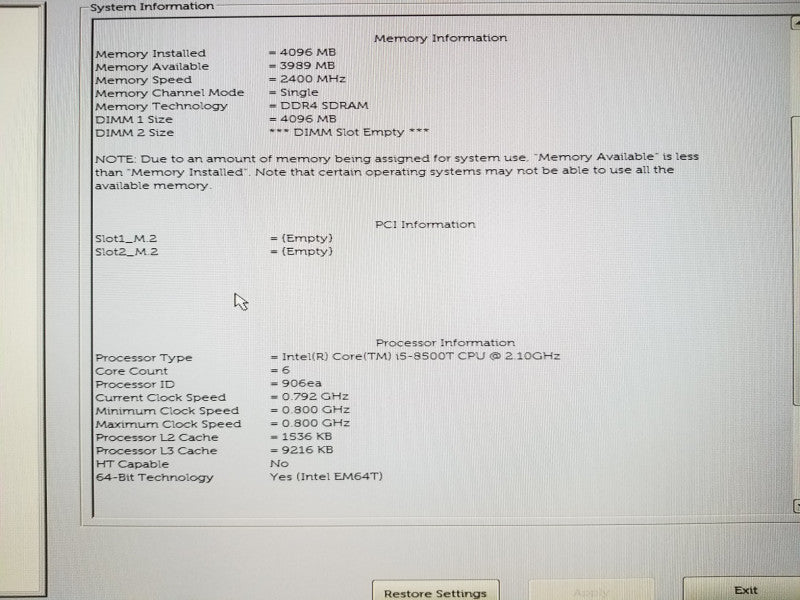 DELL OPTIPLEX 3060, i5-8500T@2.1GHz, 4GB RAM, No HDDs