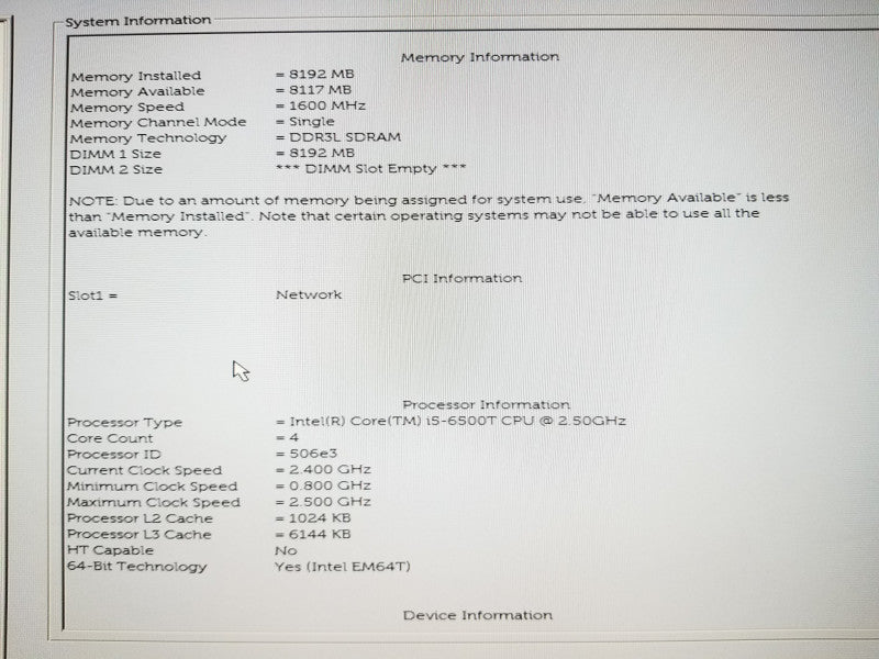 DELL OPTIPLEX 3040, i5-6500T@2.5GHz, 8GB RAM, No HDDs