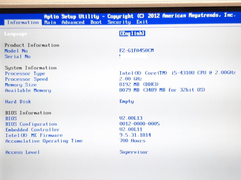 Panasonic Toughbook FZ-G1 i5-4310U @ 2GHz 8GB RAM 700H -NO M.2 SSD