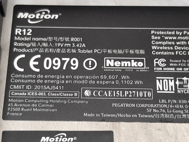 Motion R001 Rugged Tablet PC i7-4610Y @ 1.7GHz 8GB RAM 256GB SSD