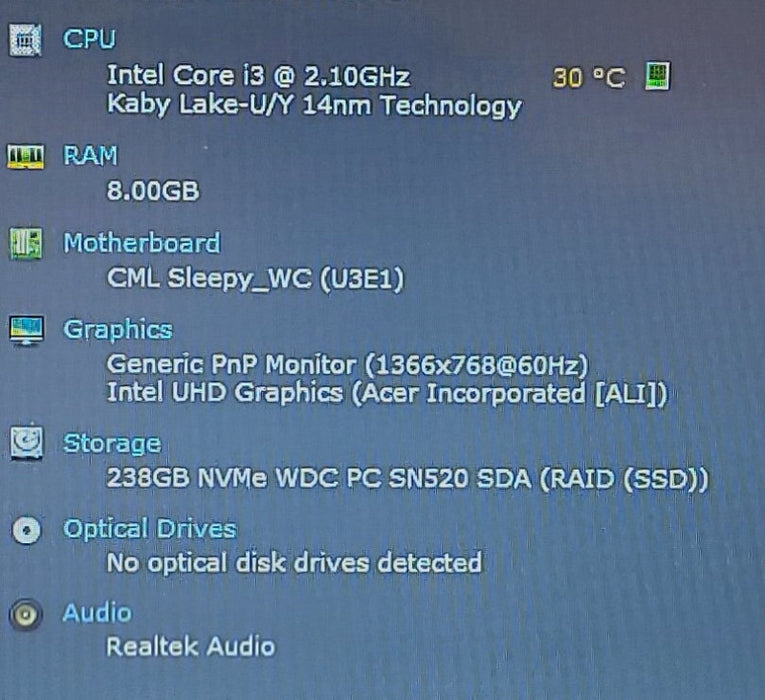 Acer Aspire A315-54 i3-10110U 2.1GHz 8GB RAM 258GB SSD 15.6\\"