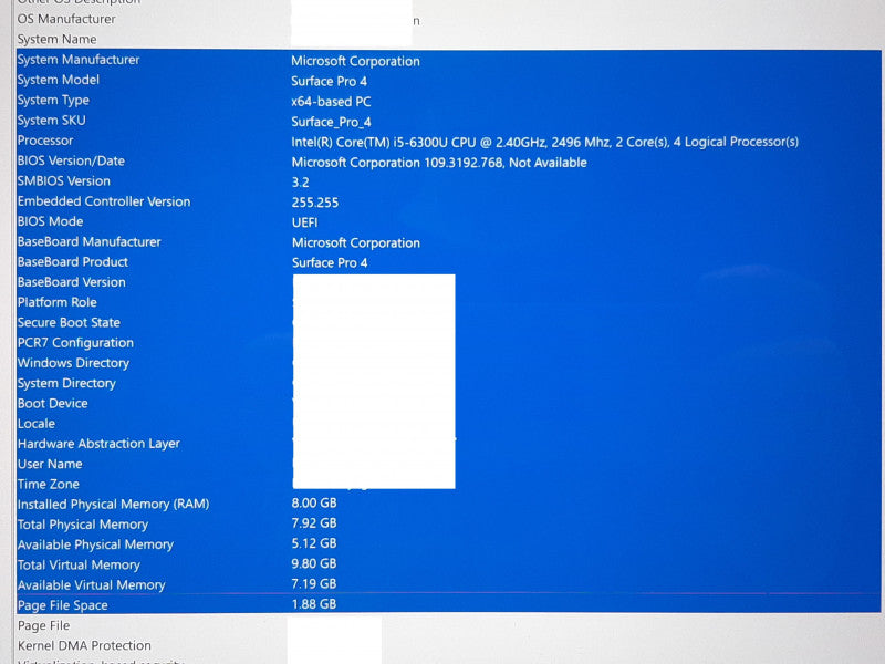 Microsoft Surface Pro 4 1724 i5-6300U @ 2.5GHz 8GB RAM 256GB SSD