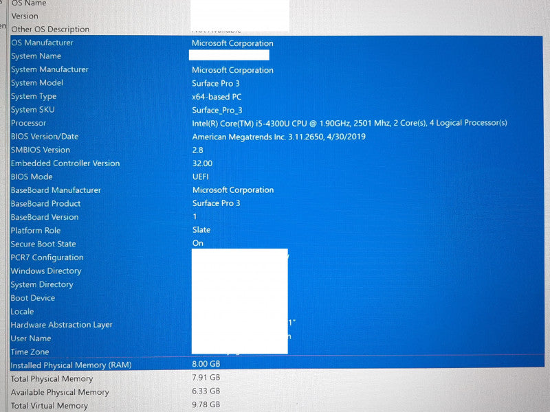 Microsoft Surface Pro 3 i5-4300U @ 2.5GHz 8GB RAM 256GB Flash