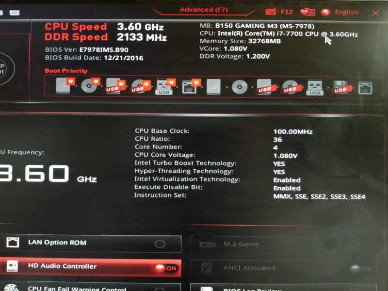 MSI B150 GAMING M3 Motherboard w/ 17-7700@3.6GHz, 32GB RAM, No CPU FAN