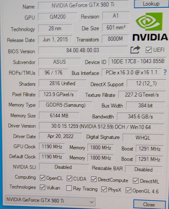 Asus Strix Nvidia GeForce GTX 980Ti OC Edition 6GB GDDR5 READ