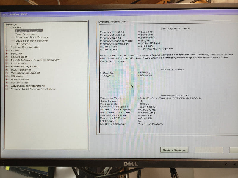 Dell Optiplex 3060 Mini PC, Core i3-8100T 3.1GHz, 8GB DDR4, 1x HDD Tray, No HDD/Antenna/AC Adapter