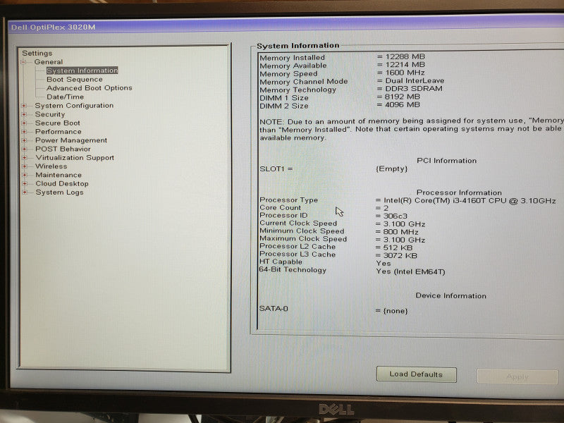 Dell OptiPlex 3020M Mini PC, Core i3-4160T 3.10GHz 12GB RAM No HDD No OS
