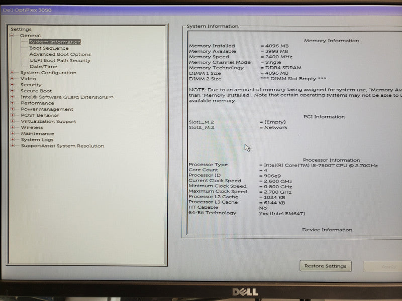 Dell OptiPlex 3050 Mini PC, Core I5-7500T 2.7GHz, 4GB DDR4, 128GB SSD, No Antenna/Power Adapter