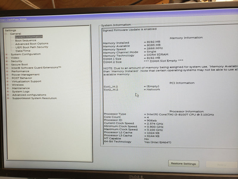 Dell OptiPlex 3060 Mini PC, Core I3-8100T 3.1GHz, 8GB DDR4, No HDD/Antenna/Power Adapter