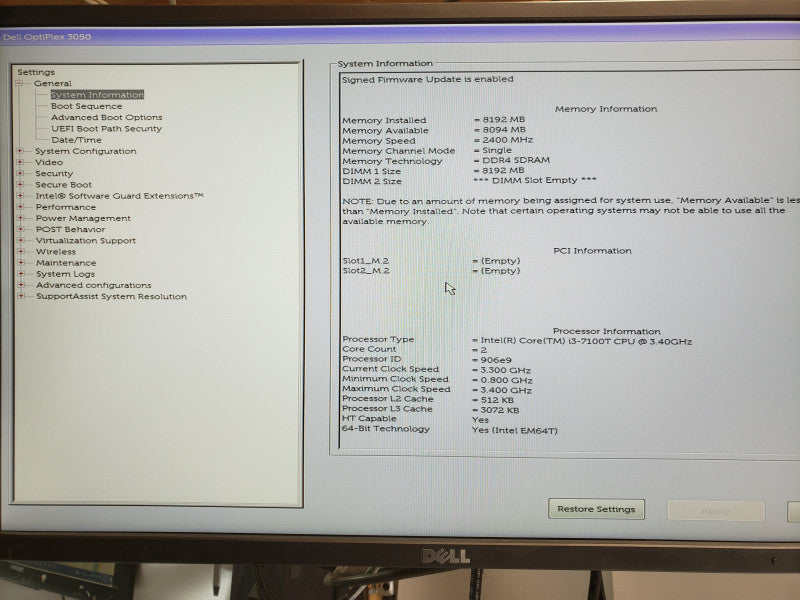 Dell OptiPlex 3050 Mini PC, Core I3-7100T 3.4GHz, 8GB DDR4, No HDD/Power Adapter
