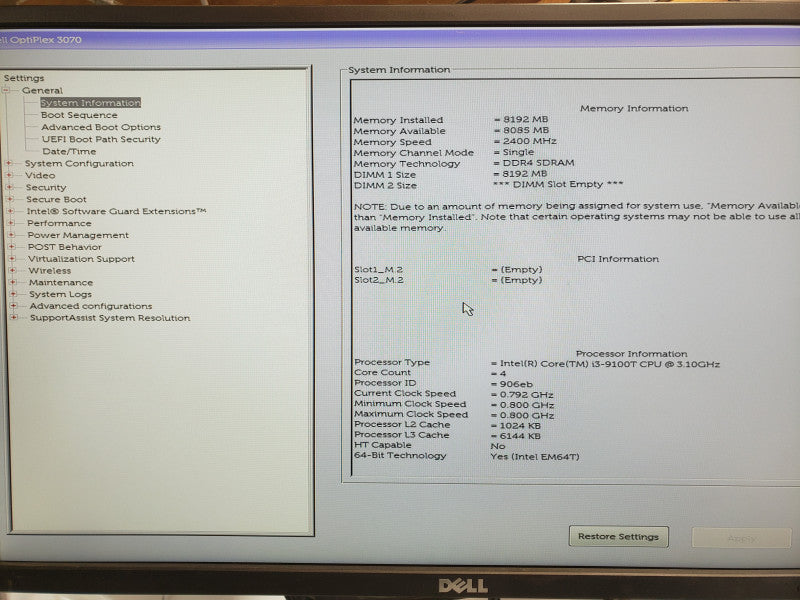Dell Optiplex 3070 Mini, Core I3-9100T 3.1GHz, 8GB DDR4, 500GB HDD, No Power adapter