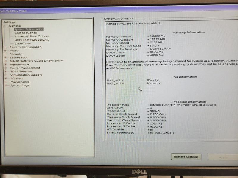 Dell Optiplex 7040 Mini, Core I7-6700T 2.8GHz, 12GB DDR4, 1x HDD Tray, No HDD/Power Adapter/Antenna