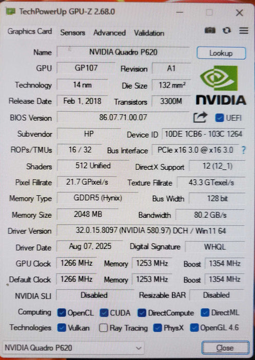 Nvidia Quadro P620 2GB GDDR5 Graphics Card - Low Profile