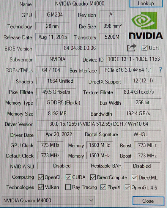 Nvidia Quadro M4000 PCI-E 3.0 8GB GDDR5 Video Graphics Card
