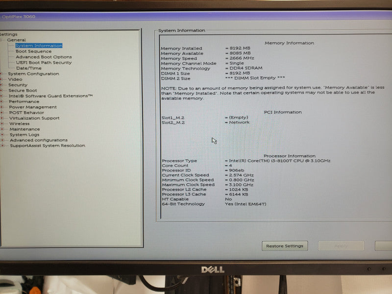 Dell Optiplex 3060 Mini PC, Core i3-8100T 3.1GHz 8GB DDR4, 500GB, No Antenna/AC Adapter