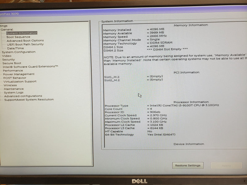 Dell Optiplex 3070 Mini, Core I3-9100T 3.1GHz, 4GB DDR4, No HDD/Power adapter/WiFi