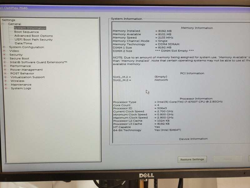 Dell Optiplex 7040 Mini, Core I7-6700T 2.8GHz, 8GB DDR4, 1x HDD Tray, No HDD/Power Adapter/Antenna