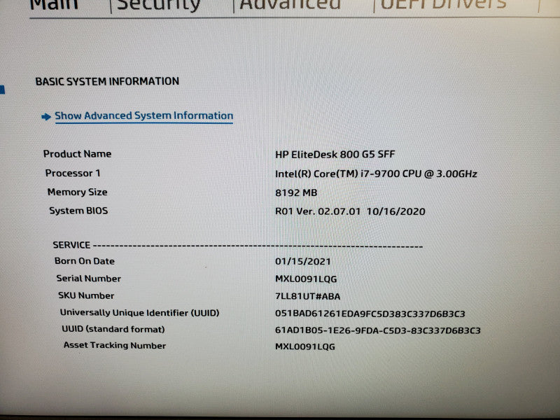 HP EliteDesk 800 G5 SFF Intel i7-9700, 8GB Ram