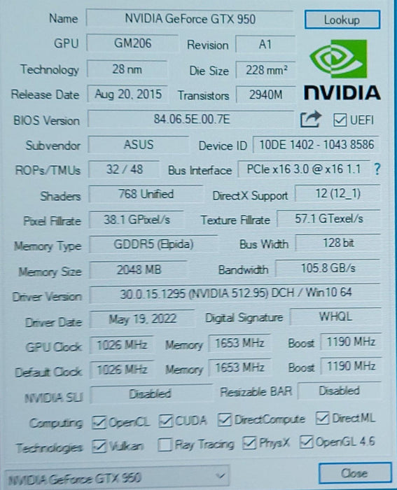 ASUS Nvidia Geforce GTX 950 2GB GDDR5 PCI-E Video Graphics Card