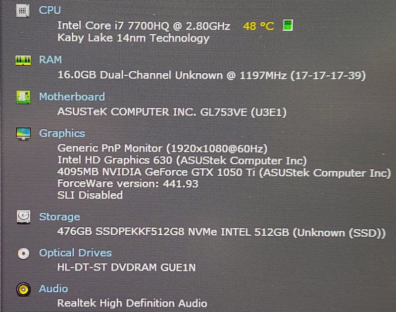 ASUS STRIX GL753VE i7- 7700HQ 2.8GHz 16GB RAM 500GB SSD 15.6\\" (AS-IS)