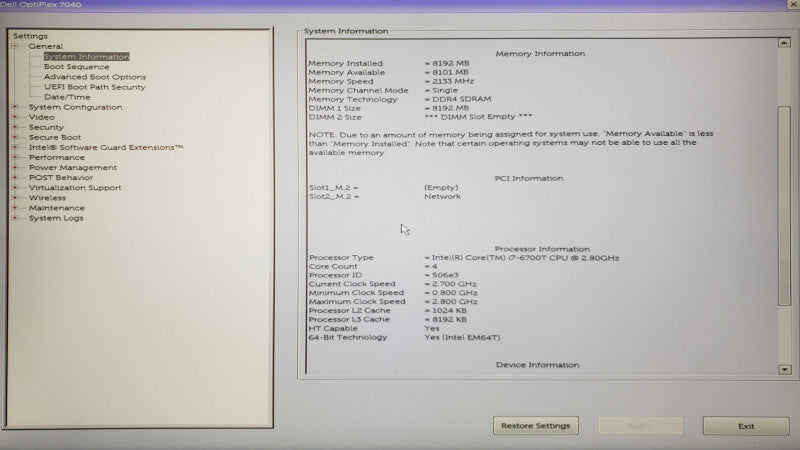 Dell Optiplex 7040 Mini, Core I7-6700T 2.8GHz, 8GB DDR4, No HDD/Power Adapter/Antenna